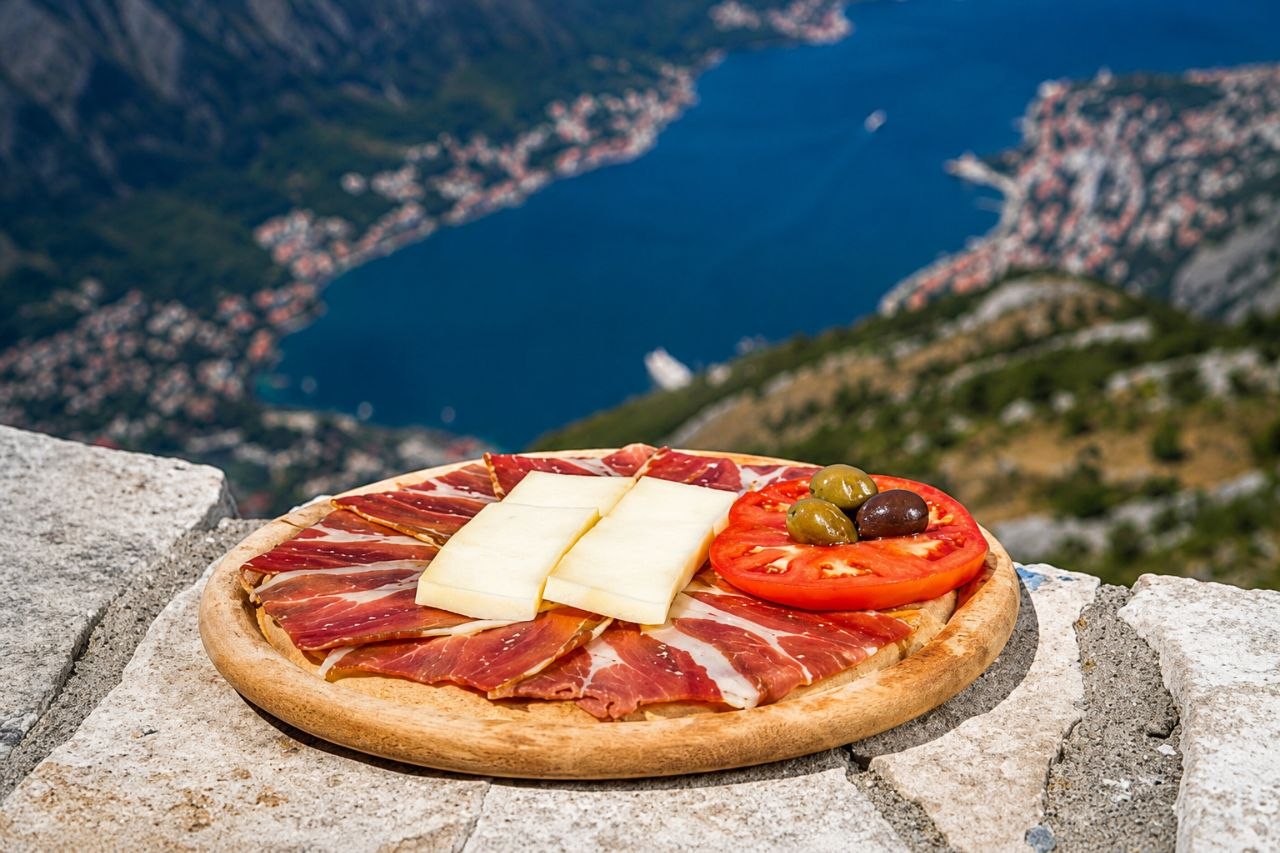 Njeguški pršut, cheese and olives above the Bay of Kotor